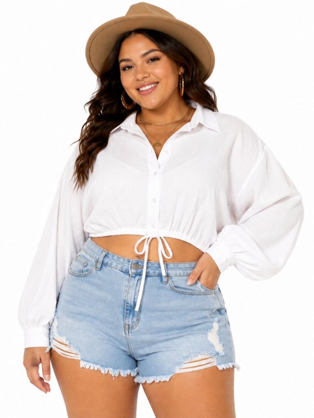 NWT Plus Size White Cropped Button Down Shirt Drawstring Boho Festival Top Sz 24